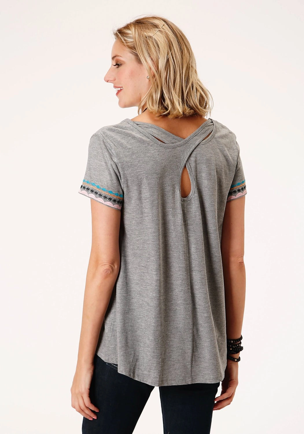 Flex Fit Collar Round Collar Roper Womens Grey 100% Cotton Geometric Embroidery S/S T-Shirt
