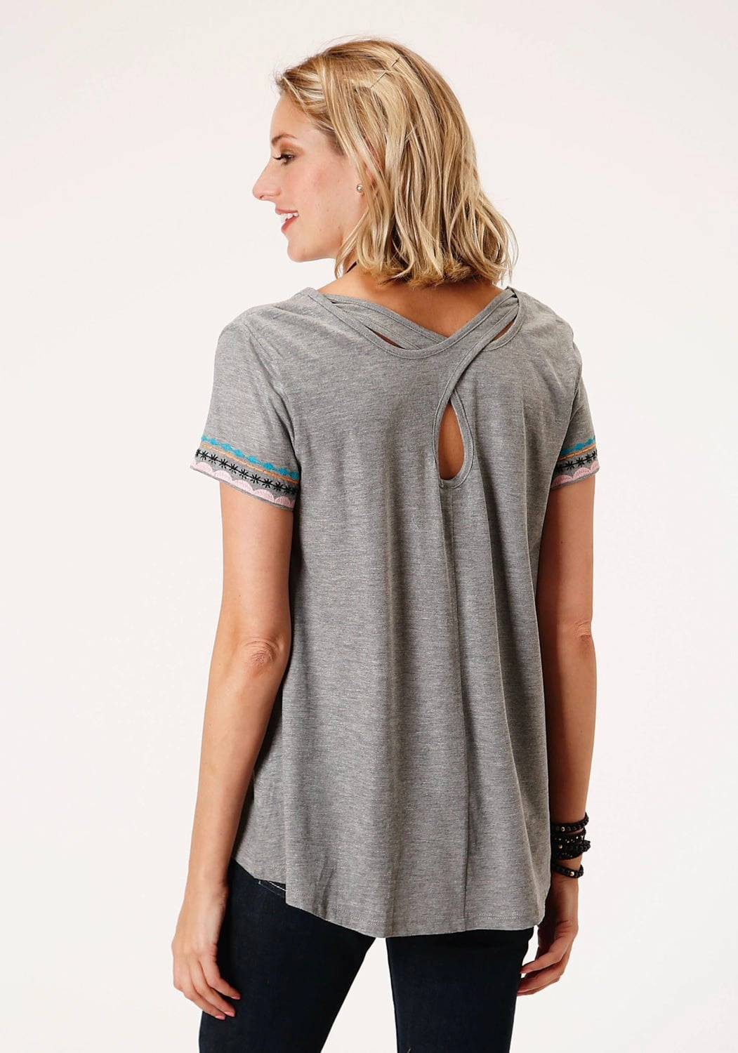 Personalized Touch Roper Womens Grey 100% Cotton Geometric Embroidery S/S T-Shirt