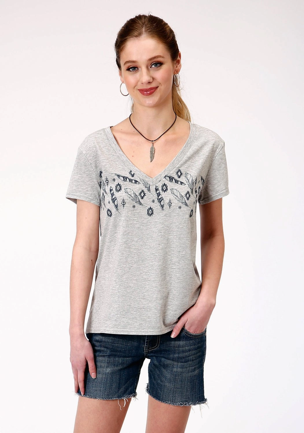 sporty wear Zip Front Roper Womens Grey Poly/Rayon Feathers S/S V-Neck T-Shirt