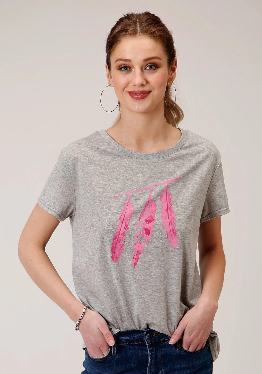 Roper Womens Grey Poly/Rayon Pink Feathers S/S T-Shirt Cruise Collection Eco Friendly Production