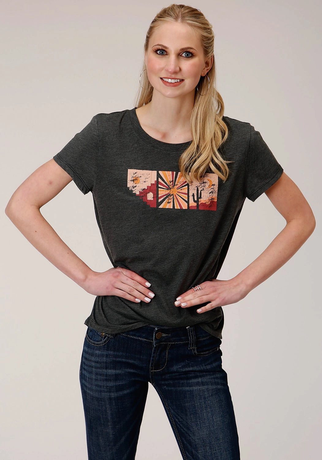 Anniversary Special Roper Womens Grey Poly/Rayon Southwestern Scene S/S T-Shirt