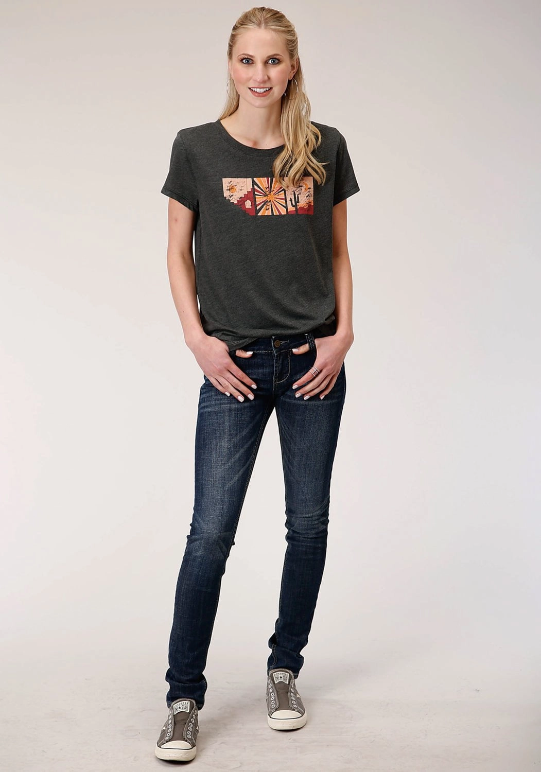 Roper Womens Grey Poly/Rayon Southwestern Scene S/S T-Shirt Conference Appropriate