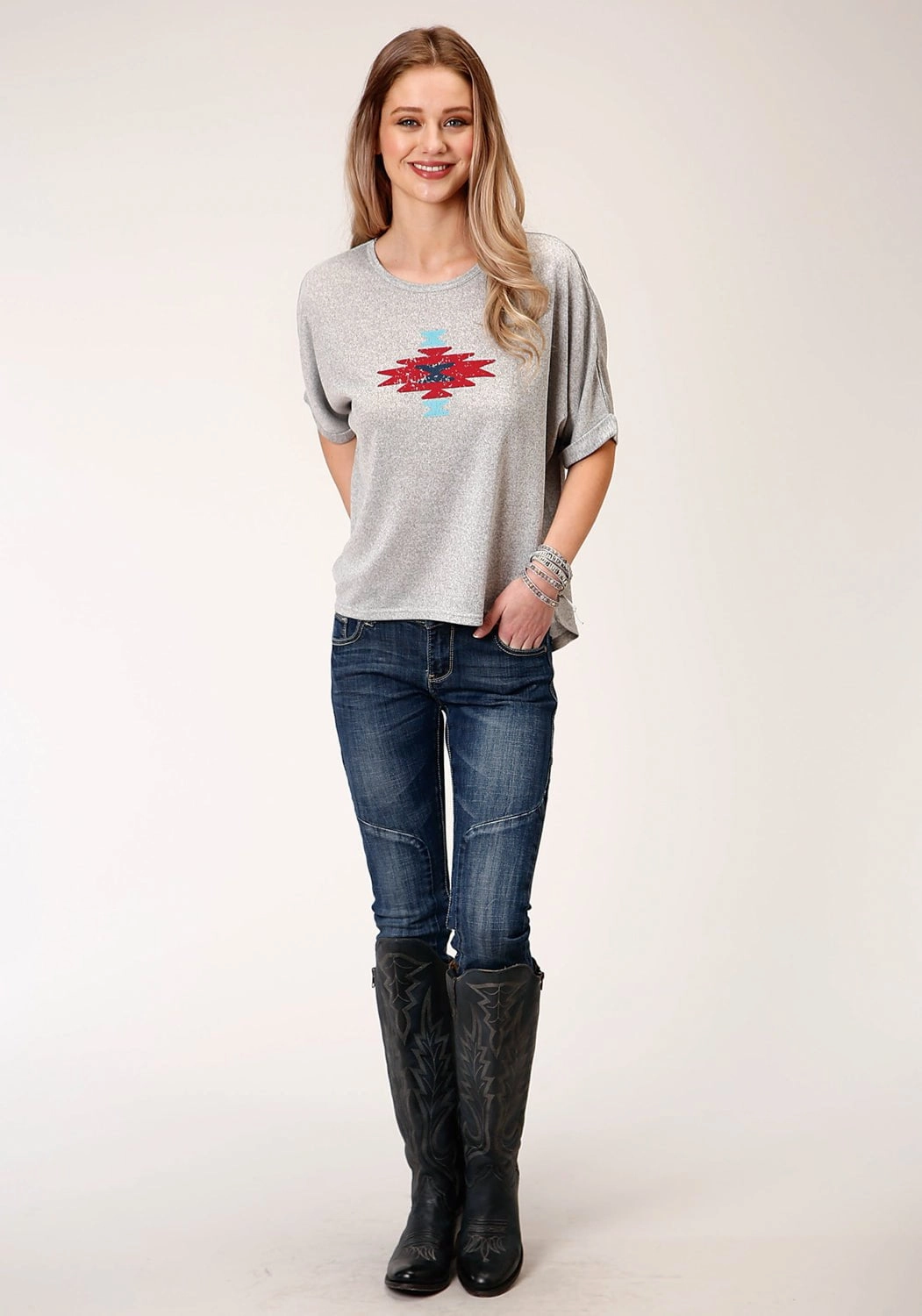 Roper Womens Heather Grey Polyester Dolman Aztec S/S T-Shirt Refined Aesthetic