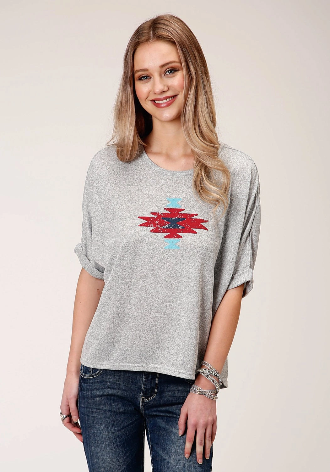 Wrinkle Resistant Roper Womens Heather Grey Polyester Dolman Aztec S/S T-Shirt
