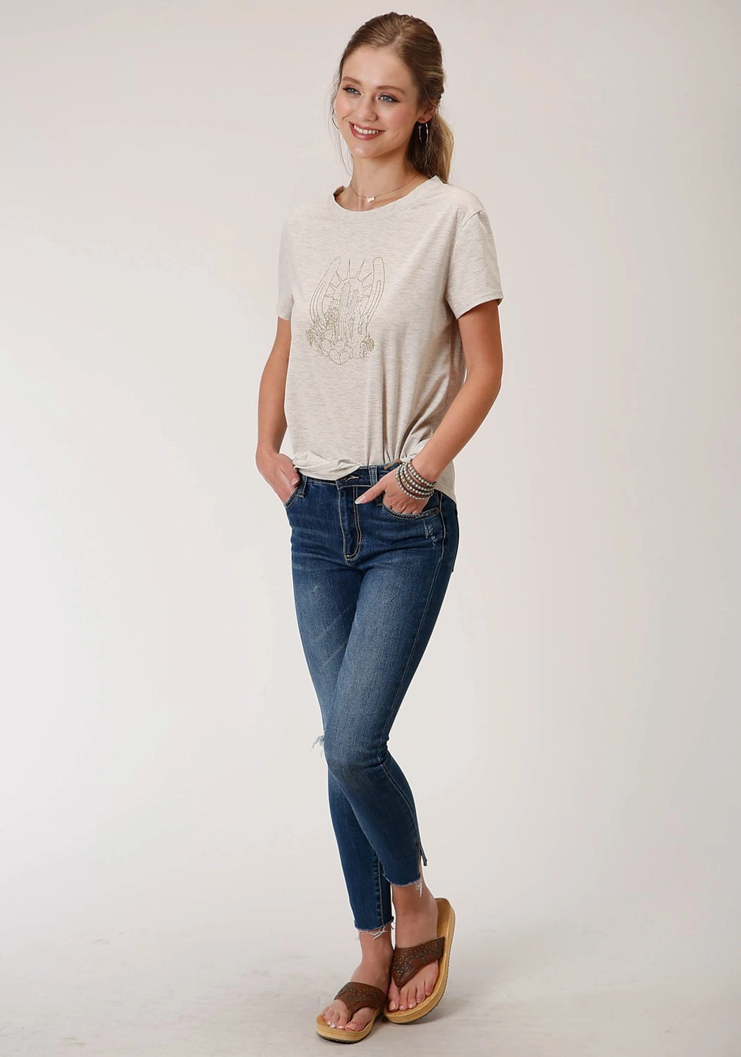 Soft Collar Design High Density Weave Roper Womens Heather Oatmeal Rayon Horseshoe S/S T-Shirt