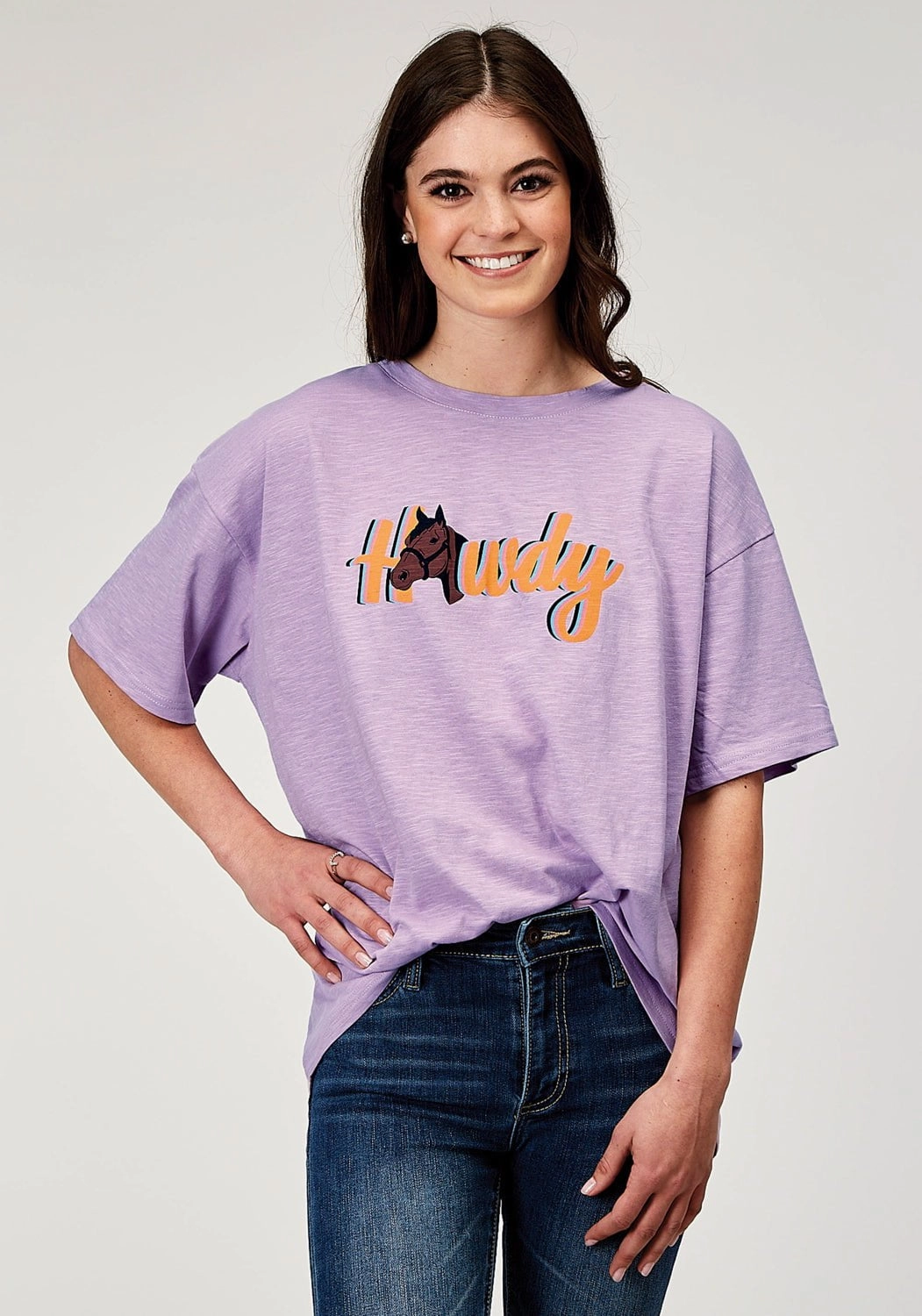 Bold Pattern Essential Wardrobe Roper Womens Howdy Horse Lilac 100% Cotton S/S T-Shirt
