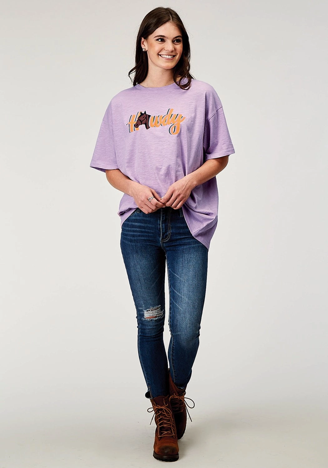Multi Functional Pockets Roper Womens Howdy Horse Lilac 100% Cotton S/S T-Shirt