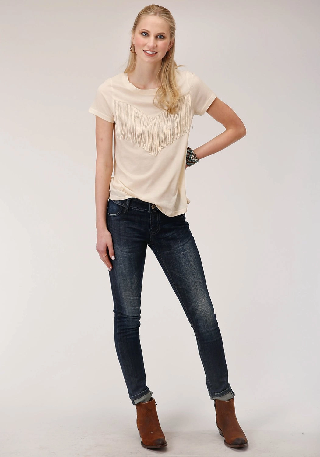 Fashion Choice Performance Fabric Roper Womens Ivory Poly/Rayon Western Fringe S/S T-Shirt