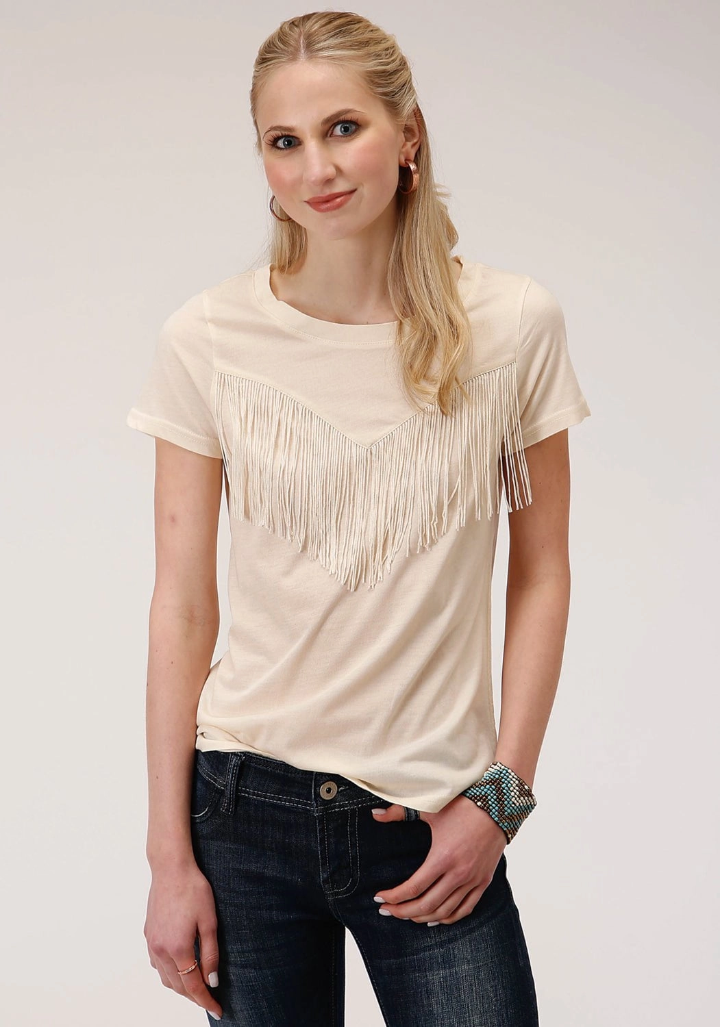 Neutral Shade Zip Front Roper Womens Ivory Poly/Rayon Western Fringe S/S T-Shirt