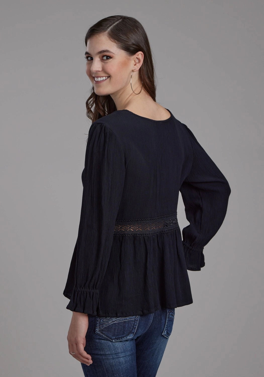 Clean Edge Trim Roper Womens Lace Insert Keyhole Black 100% Rayon 3/4 Sleeve S/S Blouse