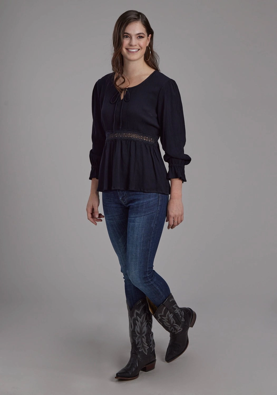 Roper Womens Lace Insert Keyhole Black 100% Rayon 3/4 Sleeve S/S Blouse Trendy Pattern