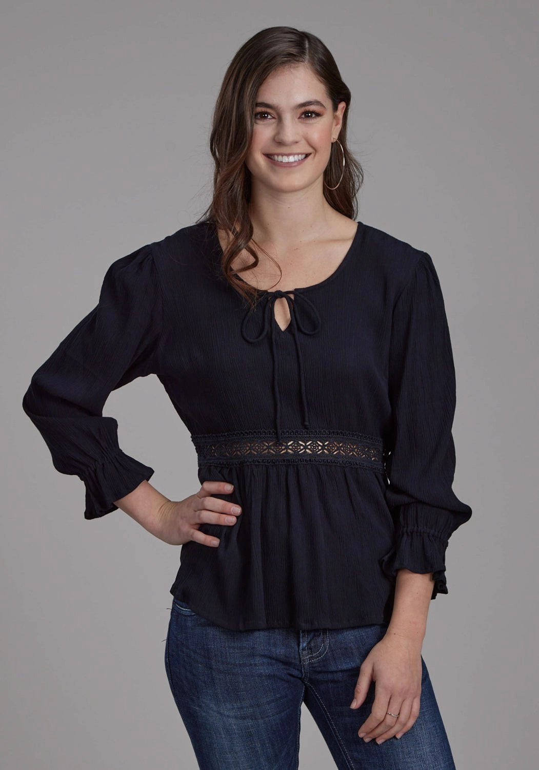 Trendy designs Fashionable Look Roper Womens Lace Insert Keyhole Black 100% Rayon 3/4 Sleeve S/S Blouse