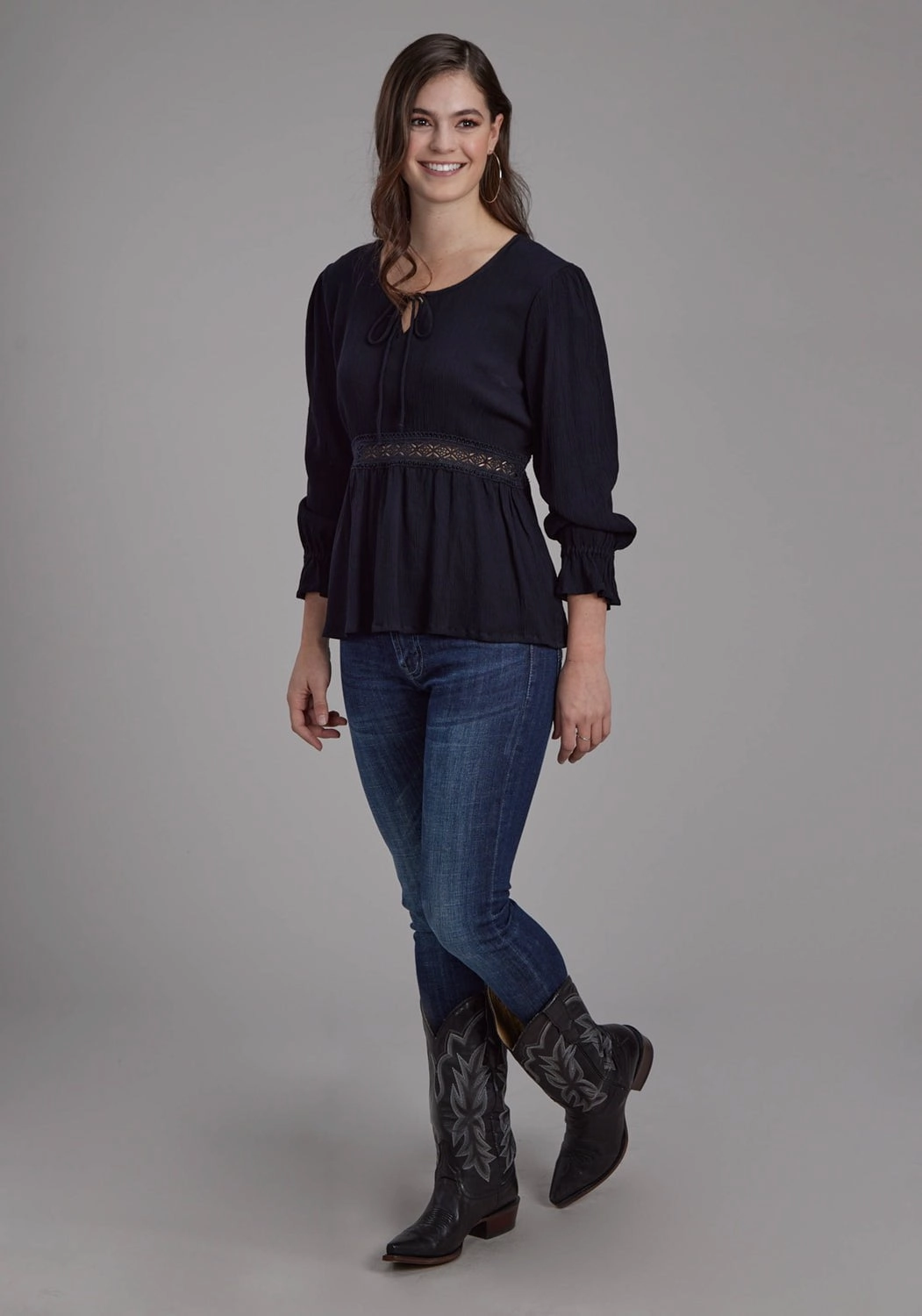 Chic Option Tagless label Roper Womens Lace Insert Keyhole Black 100% Rayon 3/4 Sleeve S/S Blouse