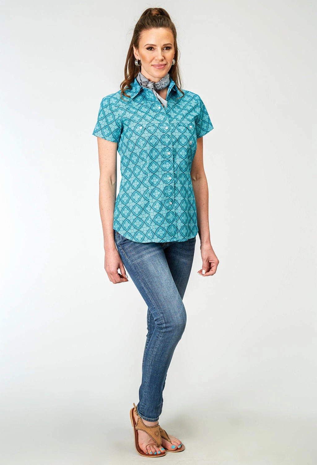 Static Dissipating Fiber Roper Womens Lake Medallion Blue 100% Cotton S/S Shirt