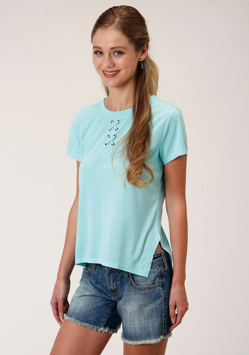 Smart Casual Roper Womens Light Turquoise Poly/Rayon Grommets S/S T-Shirt