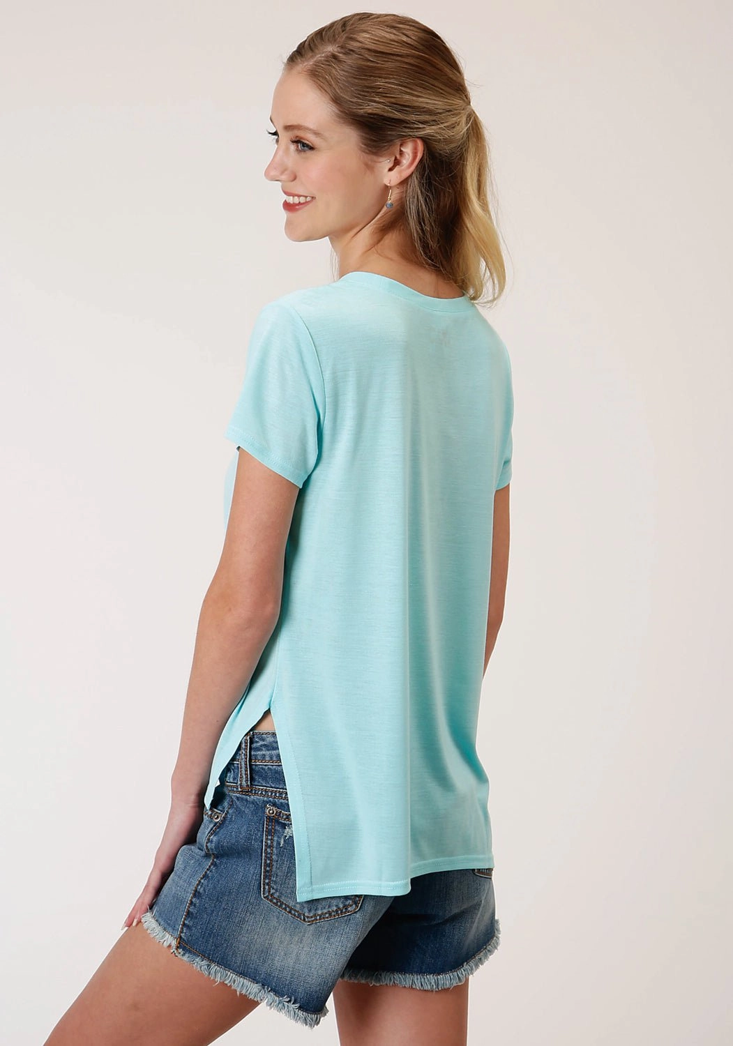 Roper Womens Light Turquoise Poly/Rayon Grommets S/S T-Shirt Compact Packing Seasonal Comfort