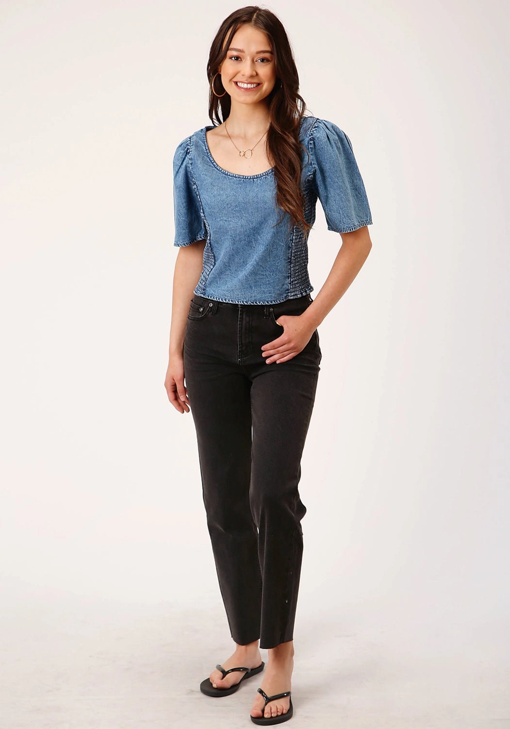 Sporty Comfort Breathable Style Roper Womens Medium Denim Top Blue 100% Cotton S/S Blouse