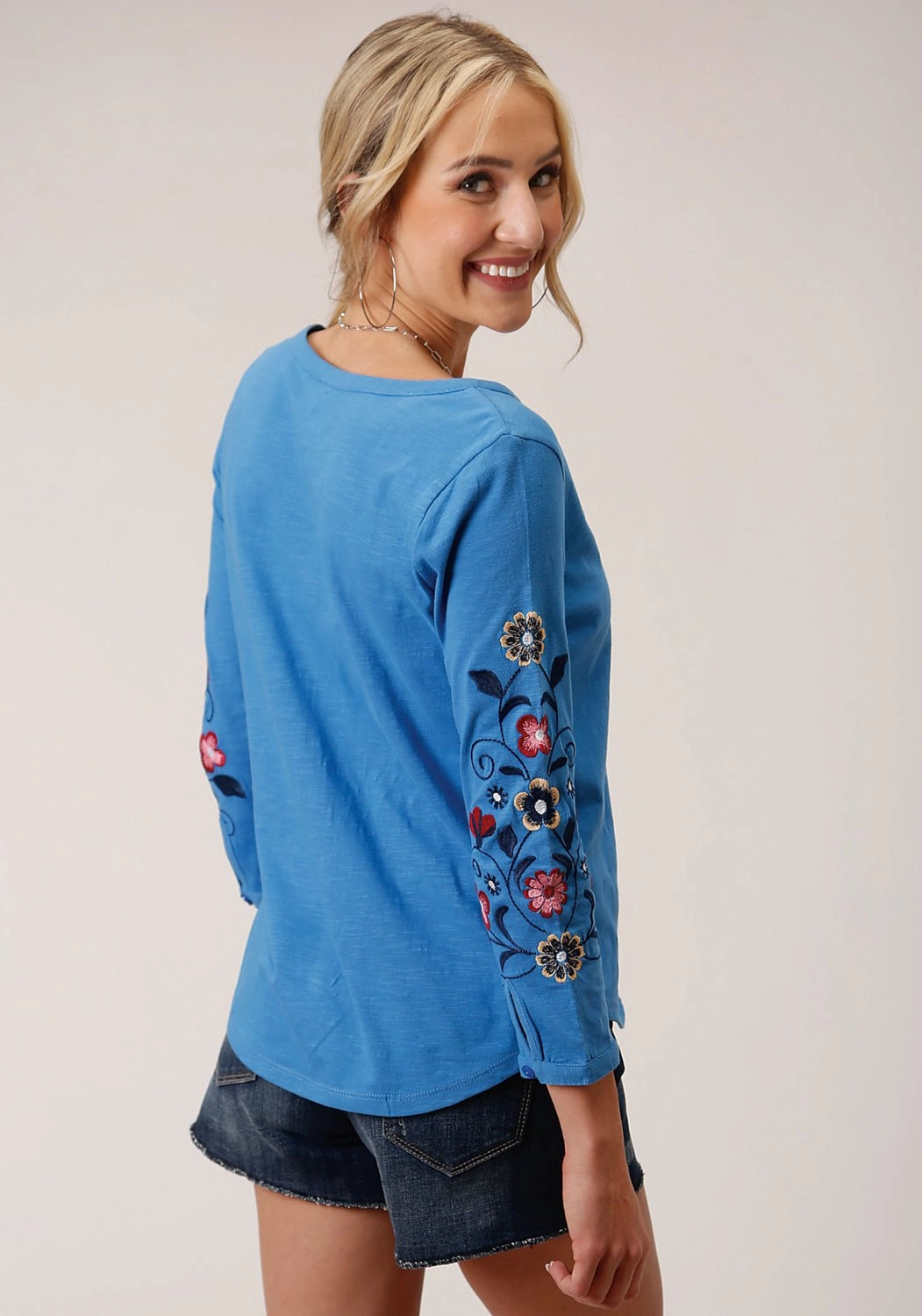 Roper Womens Multi-Color Floral Blue 100% Cotton 3/4 Sleeve S/S Tunic Urban Edge