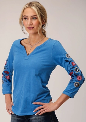 Roper Womens Multi-Color Floral Blue 100% Cotton 3/4 Sleeve S/S Tunic Classic Appeal