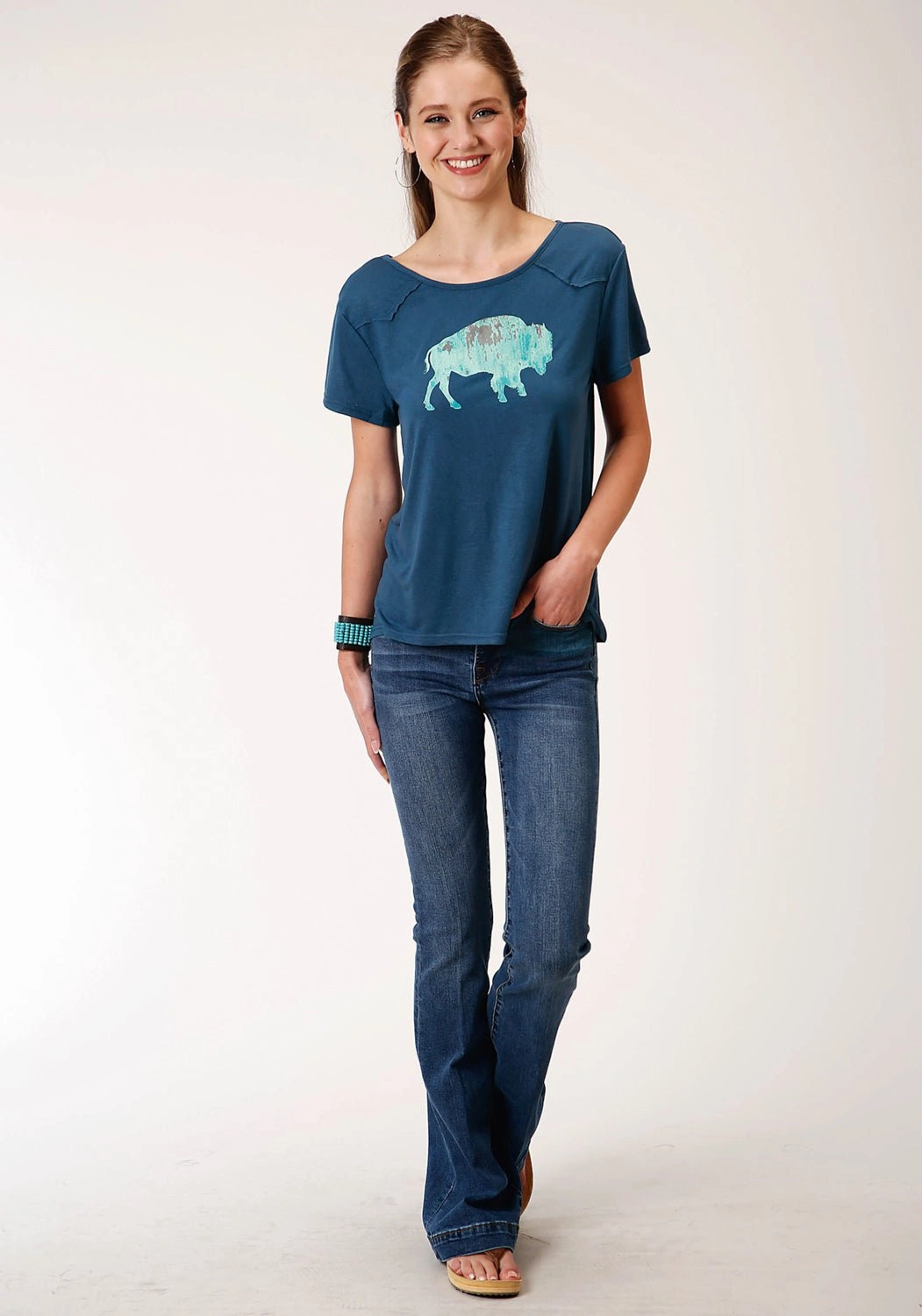 Low Maintenance Urban Trend Roper Womens Navy Blue Poly/Rayon Buffalo Yoke S/S T-Shirt