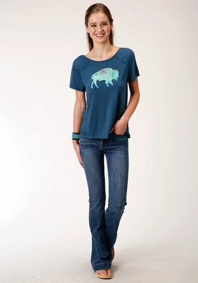 Low Maintenance Urban Trend Roper Womens Navy Blue Poly/Rayon Buffalo Yoke S/S T-Shirt