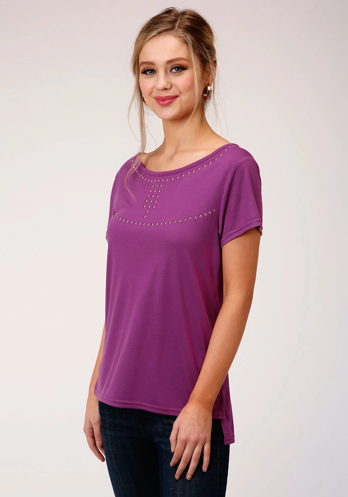 Luxurious Feel Roper Womens Plum Poly/Rayon Copper Studs S/S T-Shirt