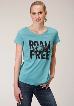 Roper Womens Teal Poly/Rayon Roam Free S/S Buffalo T-Shirt Adjustable Hem