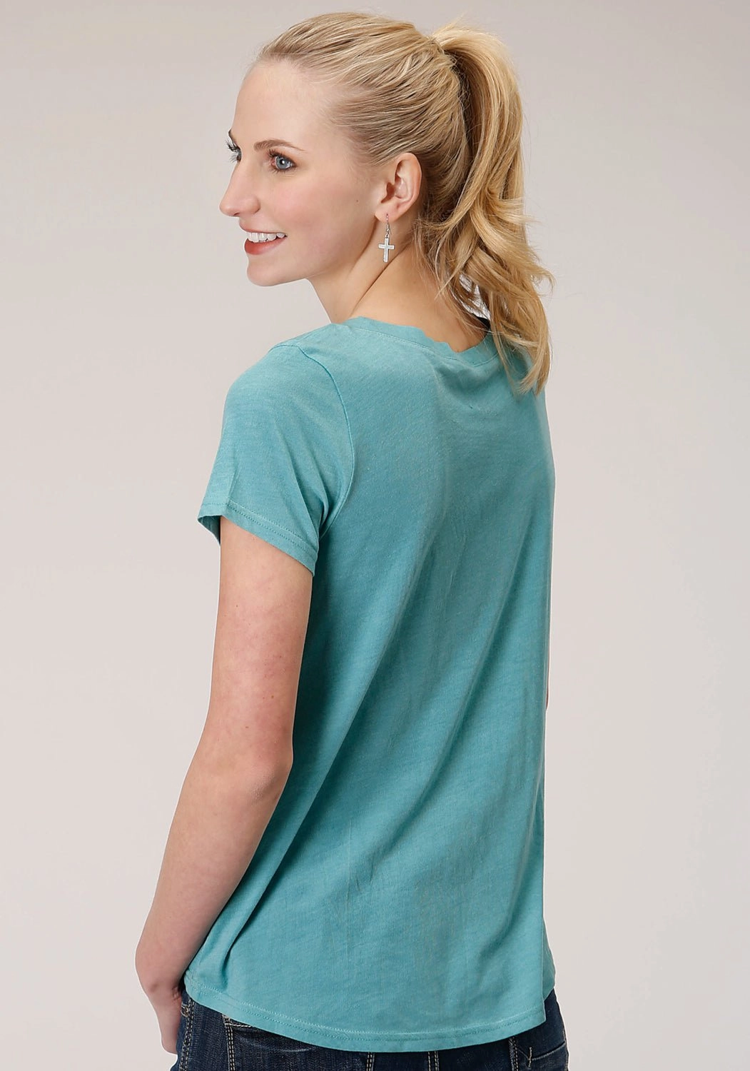 Roper Womens Teal Poly/Rayon Roam Free S/S Buffalo T-Shirt Chill Fit Glossy Texture