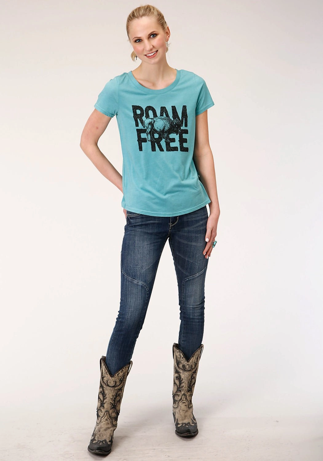 Roper Womens Teal Poly/Rayon Roam Free S/S Buffalo T-Shirt Sustainable Choice All-Occasion Wear