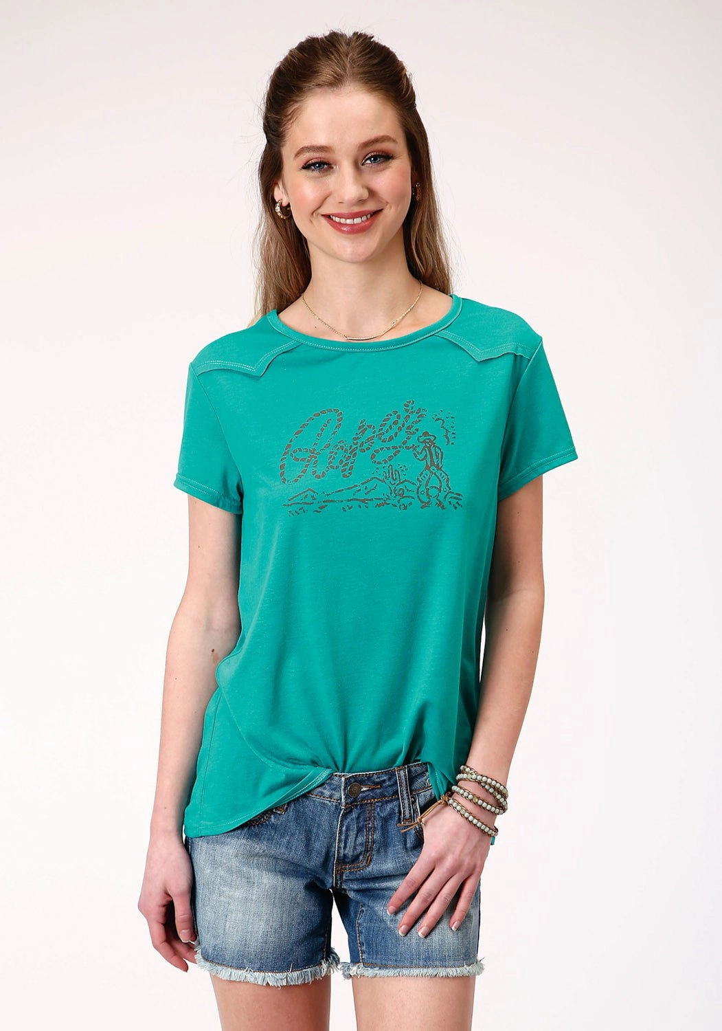Roper Womens Turquoise Poly/Rayon Roping Cowboy S/S T-Shirt Loose Comfort