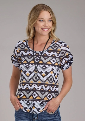 Glossy Texture Roper Womens Twisted Cuff Sublimation Multi-Color Poly/Spandex S/S T-Shirt