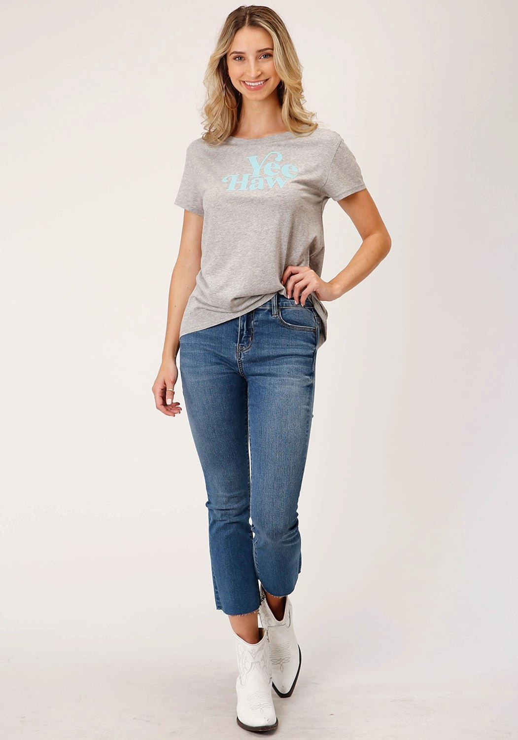 Road Trip Ready Roper Womens Yee Haw Grey Poly/Rayon S/S T-Shirt