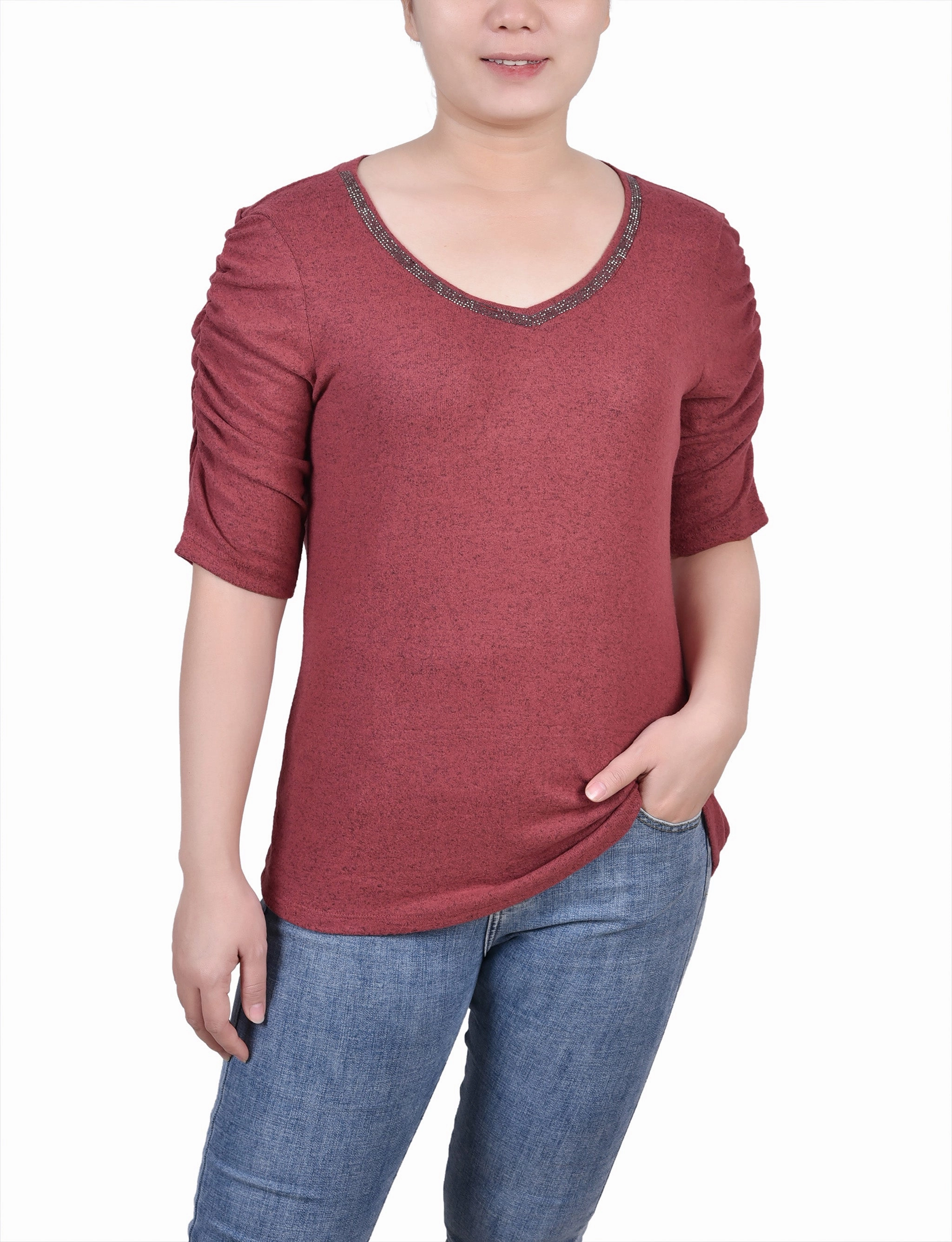 Rouched Sleeve Top Easy Care Material Hypoallergenic Inner Layer