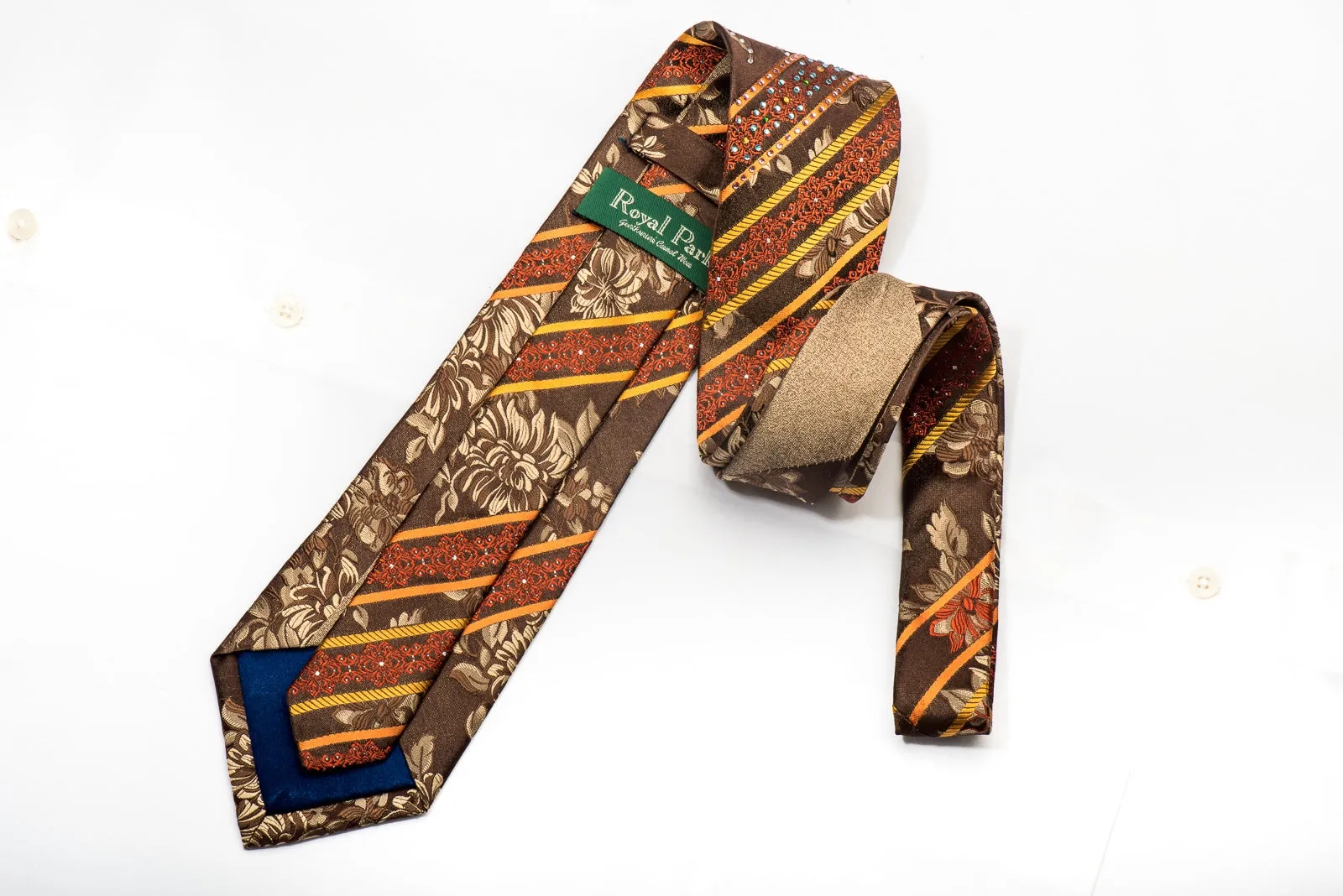 Royal Park Mens Rhinestone Silk Necktie Golden Floral On Brown With Silver Sparkles
