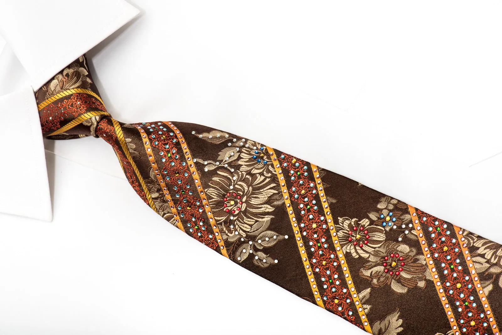 Royal Park Mens Rhinestone Silk Necktie Golden Floral On Brown With Silver Sparkles