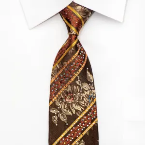 Royal Park Mens Rhinestone Silk Necktie Golden Floral On Brown With Silver Sparkles