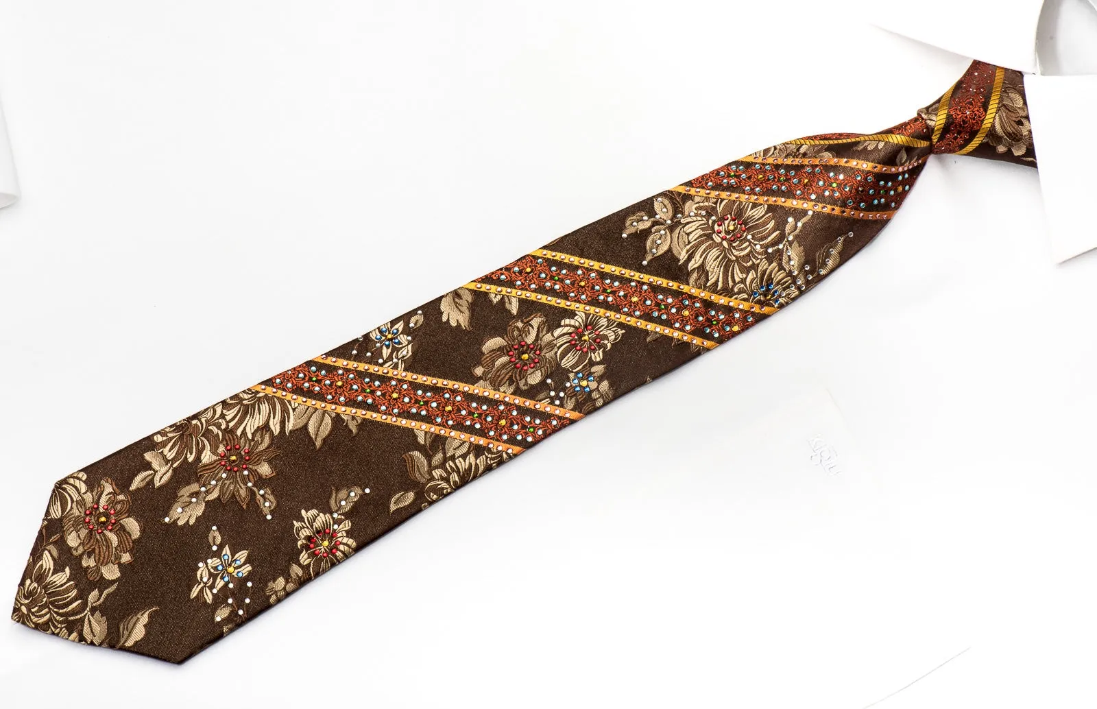 Royal Park Mens Rhinestone Silk Necktie Golden Floral On Brown With Silver Sparkles