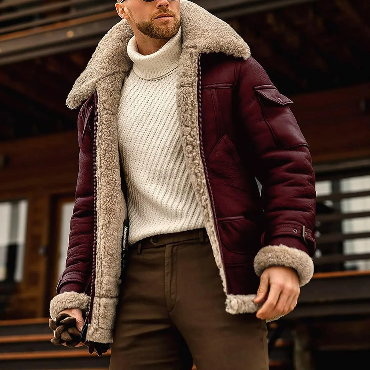RTRDE Men's Winter Trench Coat Sherpa Lined Lapel Coat Long Jacket Outwear Coat Men, M-5XL