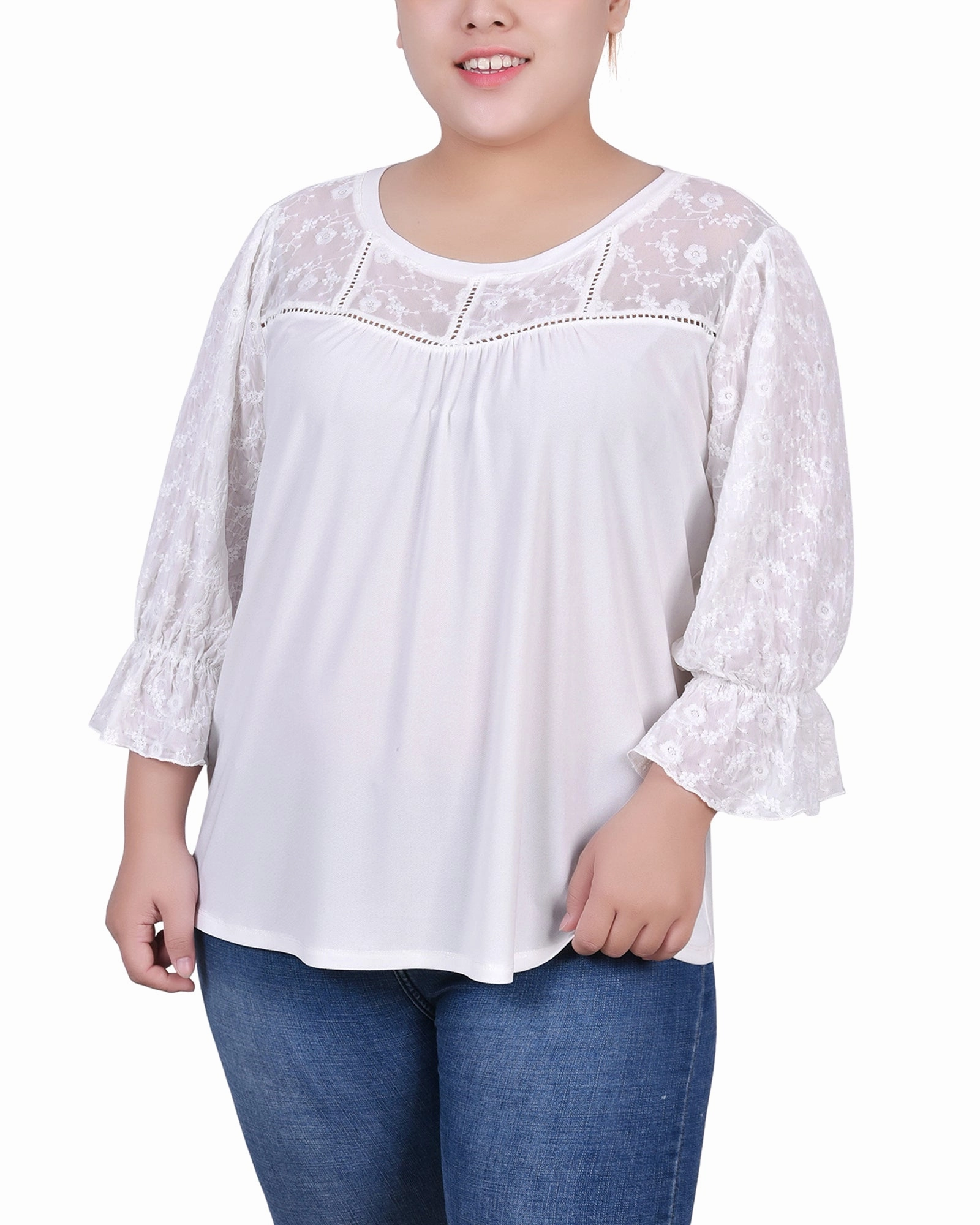 Plus Size 3/4 Sleeve Crepe Top With Embroidered Mesh Yoke And Sleeves Wool Sweater Odor Control Finish