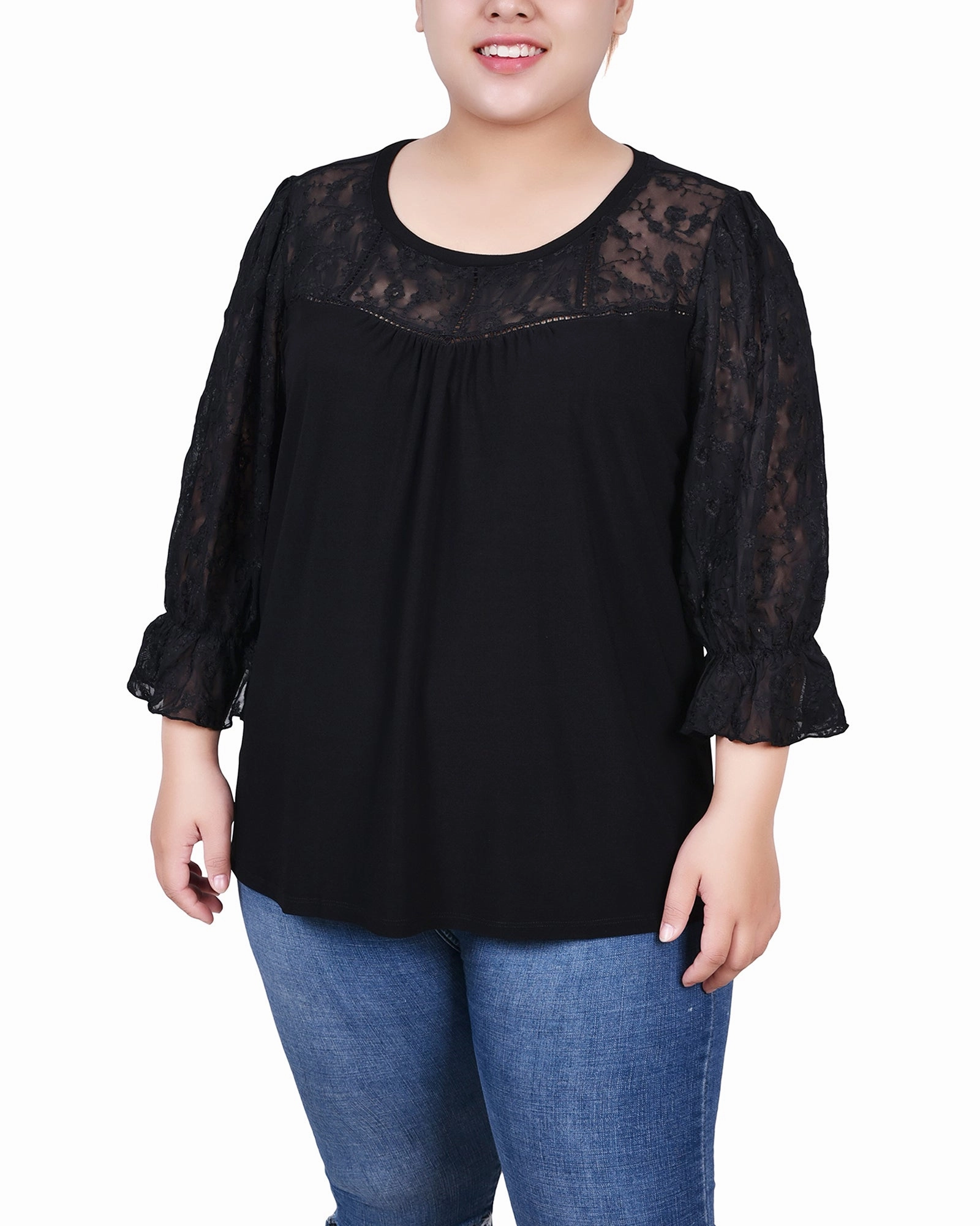 Plus Size 3/4 Sleeve Crepe Top With Embroidered Mesh Yoke And Sleeves Thermoregulating Fabric