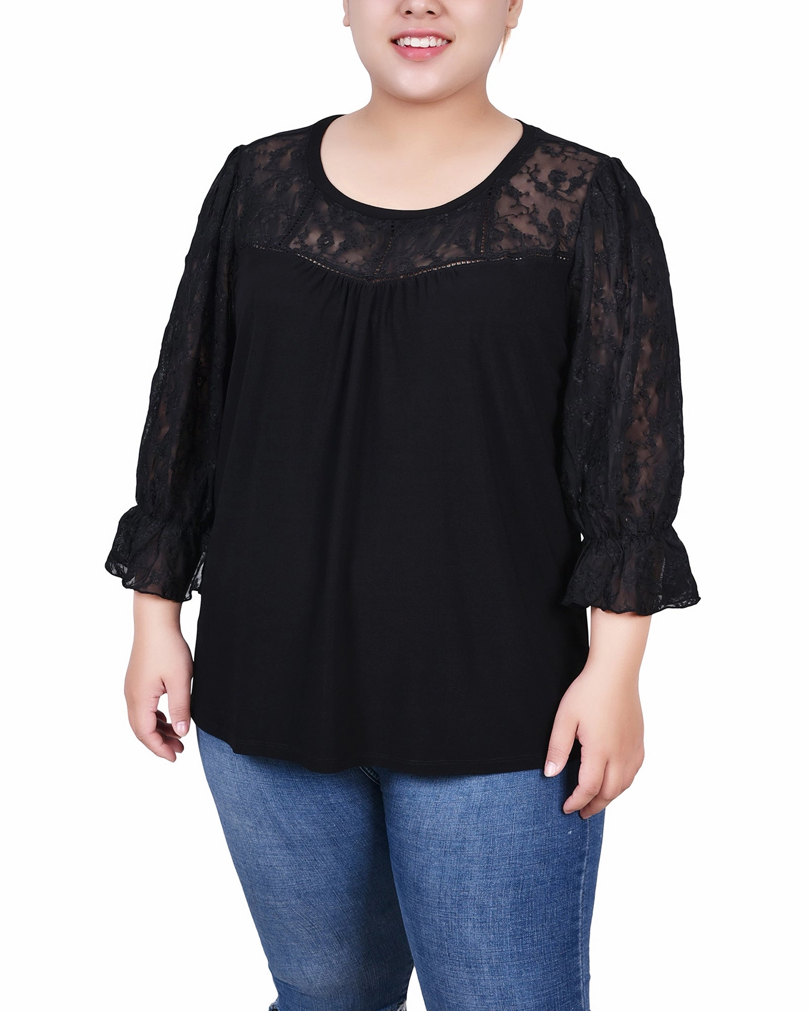 Plus Size 3/4 Sleeve Crepe Top With Embroidered Mesh Yoke And Sleeves Sheer Overlay Material