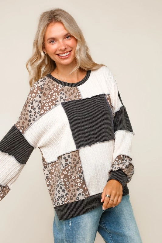 Ruby Rib Cable Knit Leopard Pullover Knit Top Soft Touch Fabric QuickDrySystem