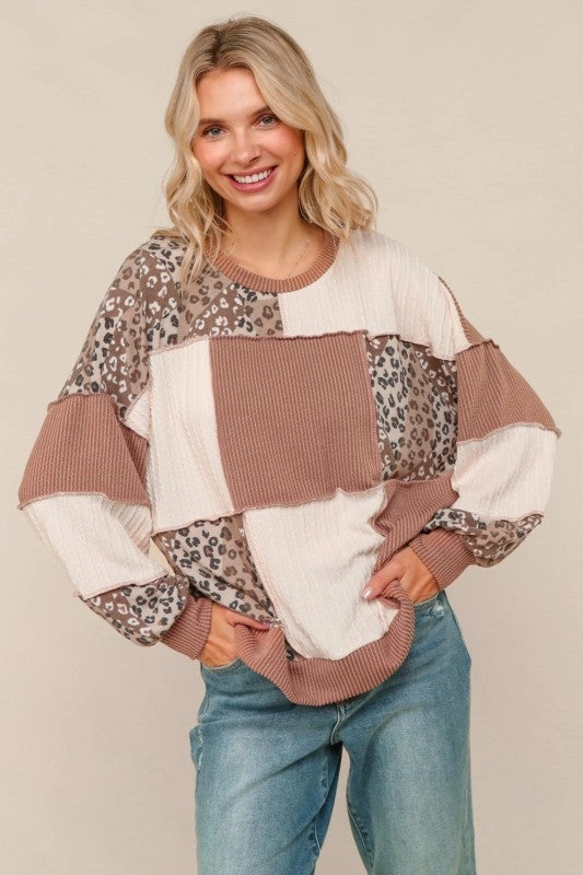 Ruby Rib Cable Knit Leopard Pullover Knit Top Lightweight Material Quick-Dry Fabric