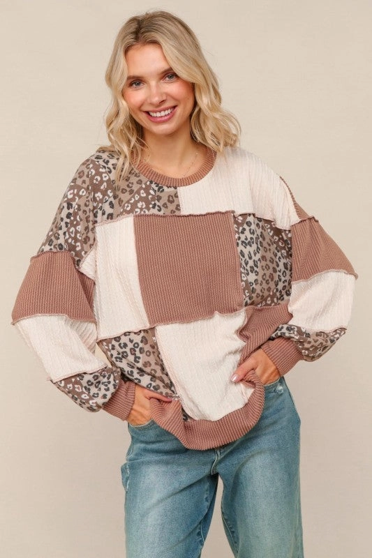 Ruby Rib Cable Knit Leopard Pullover Knit Top Buttery Soft Feel Office Look