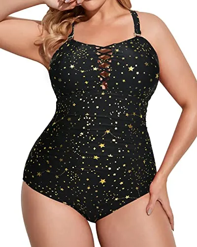 Ruched Adjustable Shoulder Straps Tummy Control Plus Size Swimsuits-Gold Stars