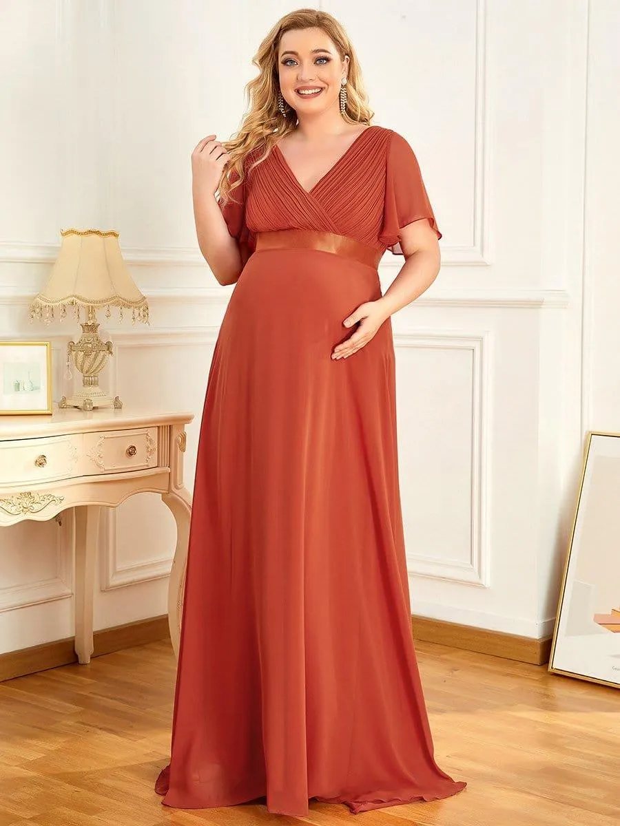 Ruched Bodice Flowy Chiffon Floor-Length Maternity Dress with Sleeves