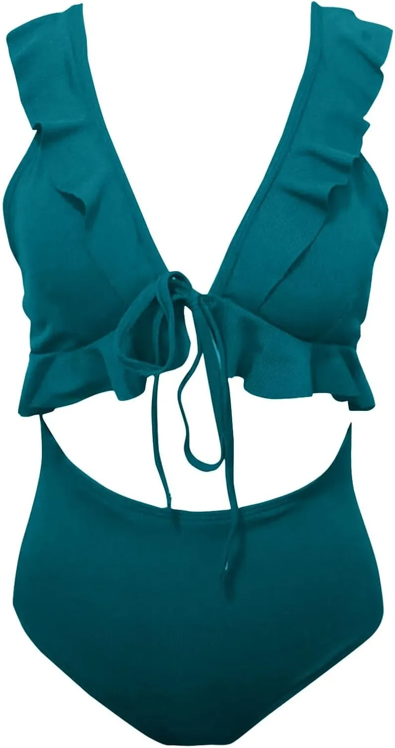 Ruffle Flounce One Piece Swimsuits for Women Cutout V Neck Backless Tie Back Bathing Suit High Waisted Padded Swimwear