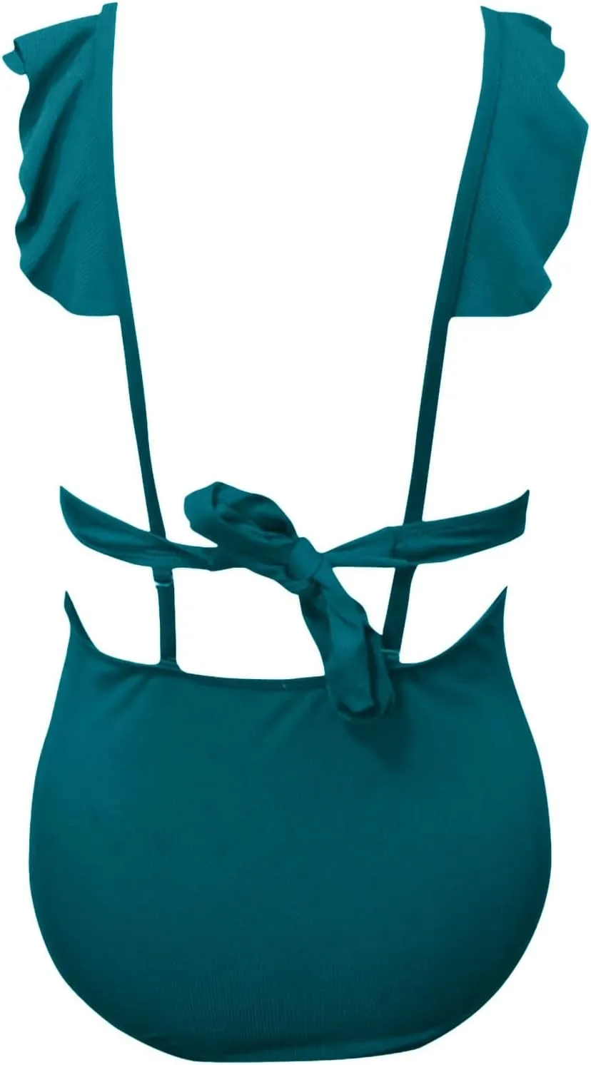 Ruffle Flounce One Piece Swimsuits for Women Cutout V Neck Backless Tie Back Bathing Suit High Waisted Padded Swimwear