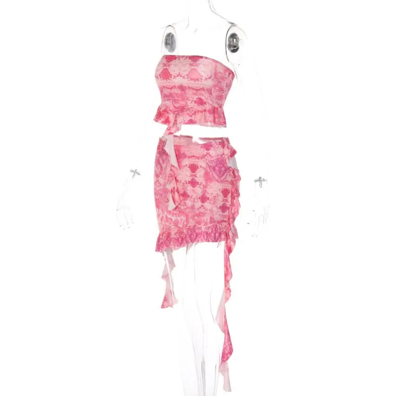 Ruffle ruched print contrast tube mini skirt set