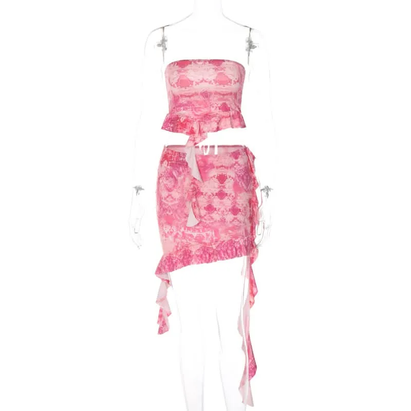 Ruffle ruched print contrast tube mini skirt set